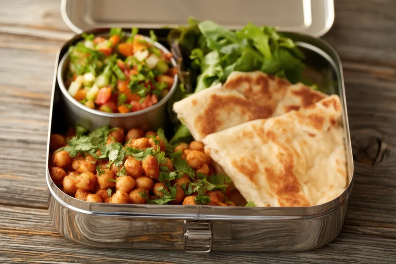 Stainless steel lunchbox with chickpeas, flatbread, and salad arranged on a wooden surface