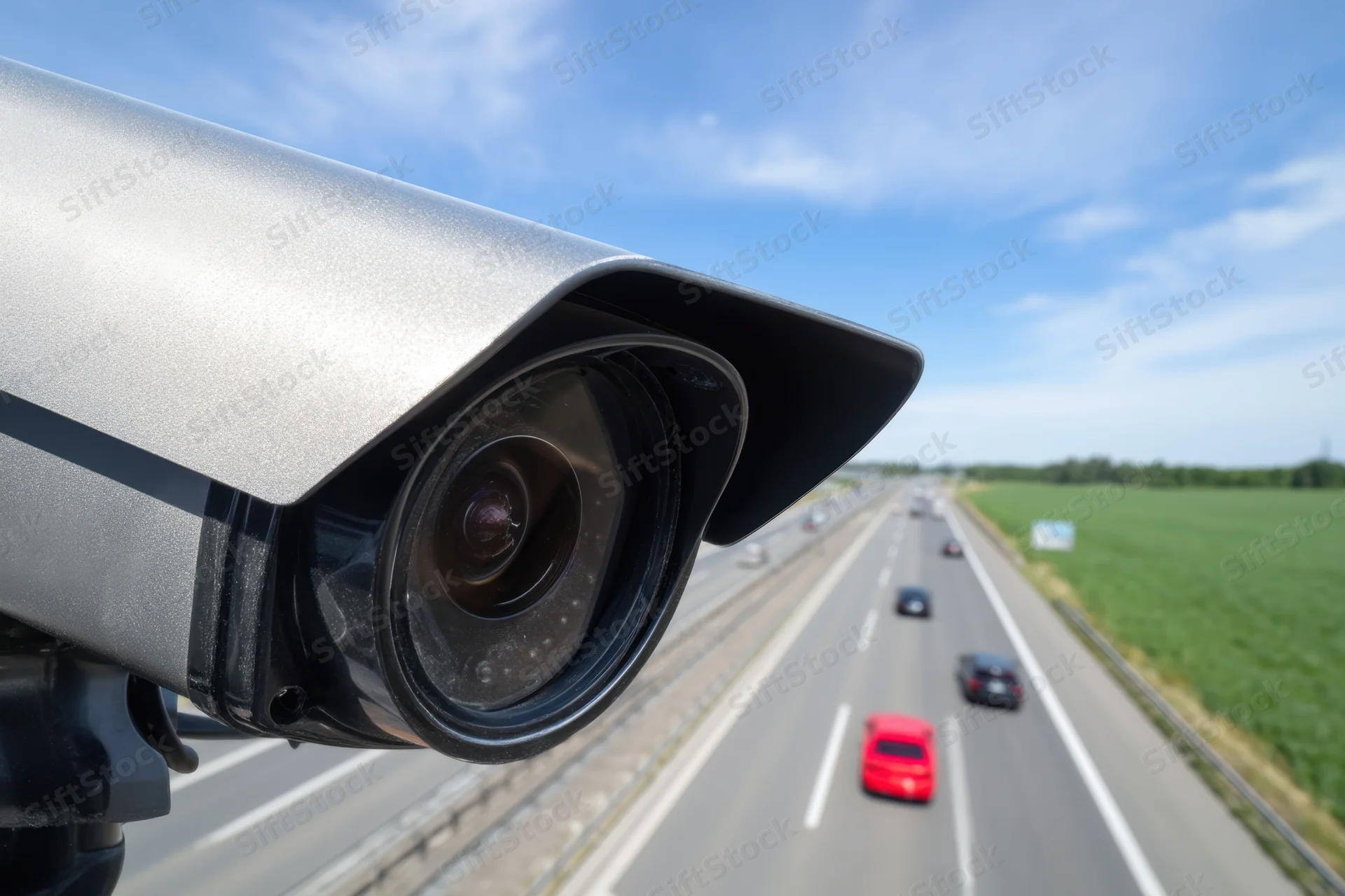 Surveillance camera monitoring highway traffic from elevated position