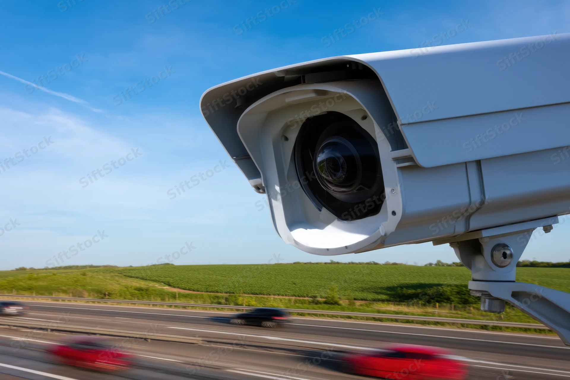Surveillance camera monitoring highway traffic with blurred vehicles passing by under blue sky and green fields