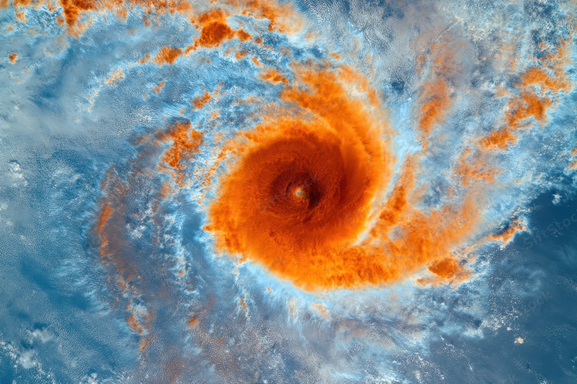 Swirling hurricane with orange and blue bands viewed from satellite
