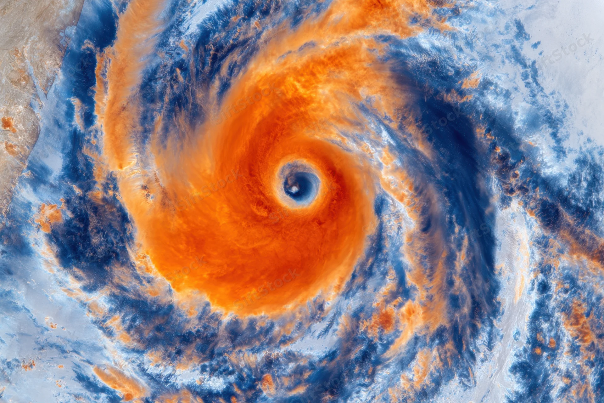 Swirling hurricane with orange and blue bands viewed from satellite perspective