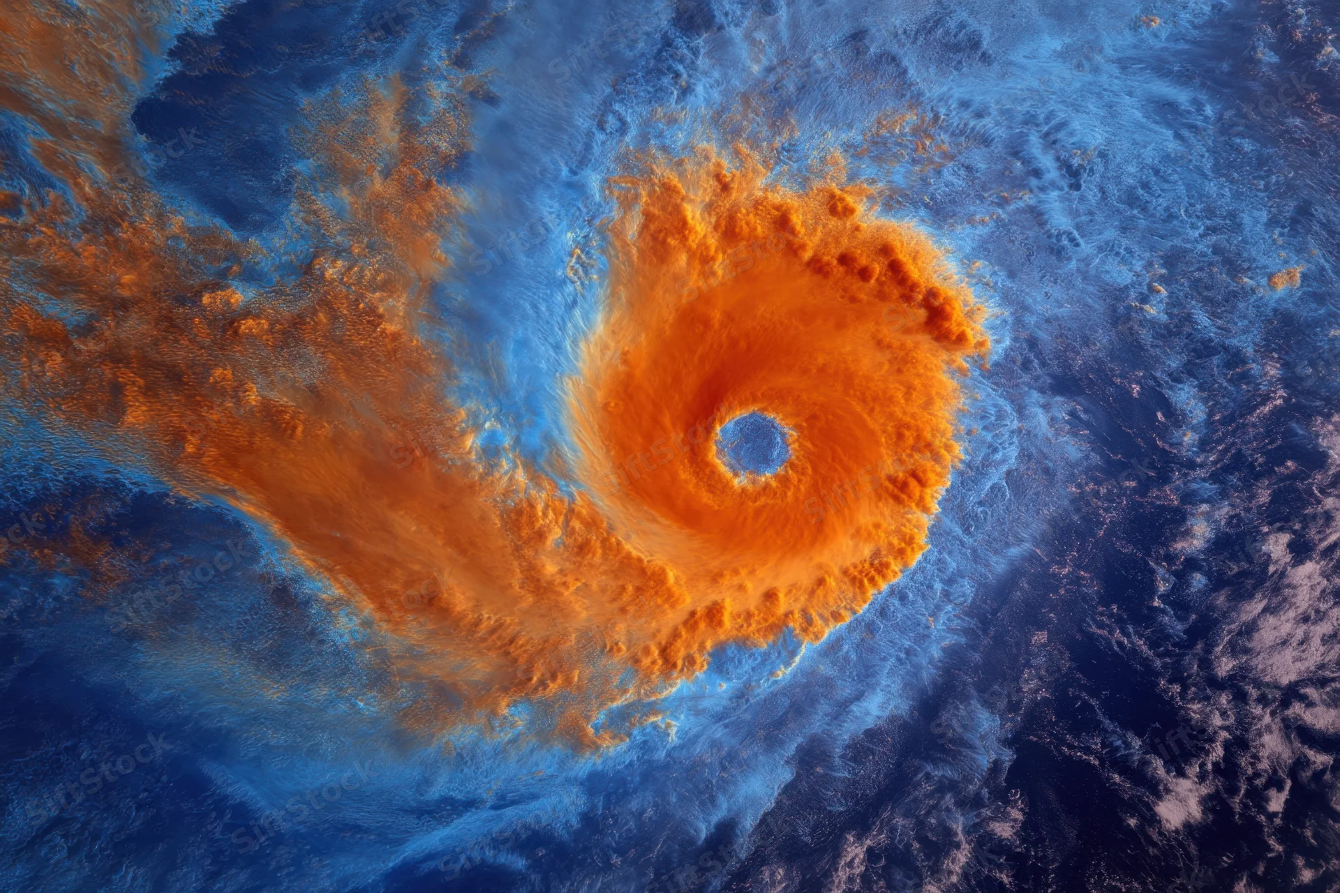 Swirling hurricane with orange bands and blue eye over ocean from satellite view