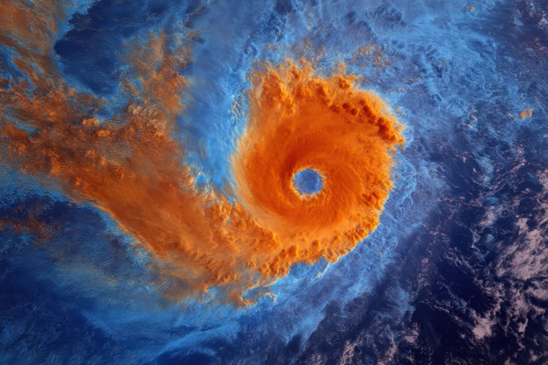Swirling hurricane with orange bands and blue eye over ocean from satellite view