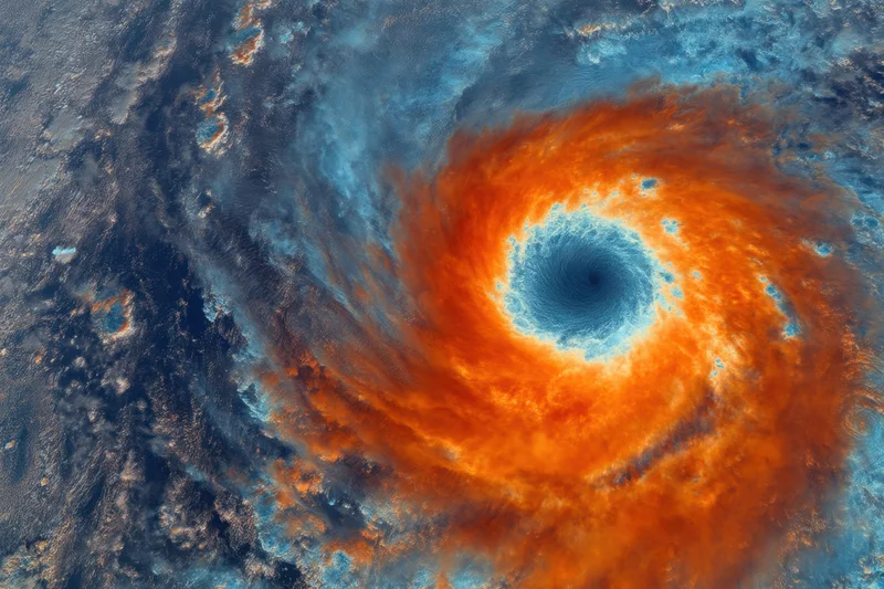 Swirling hurricane with vivid orange and blue bands viewed from satellite over ocean