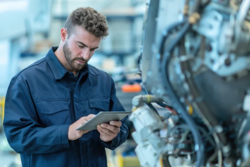 Technician inspecting aircraft engine with tablet in industrial workshop