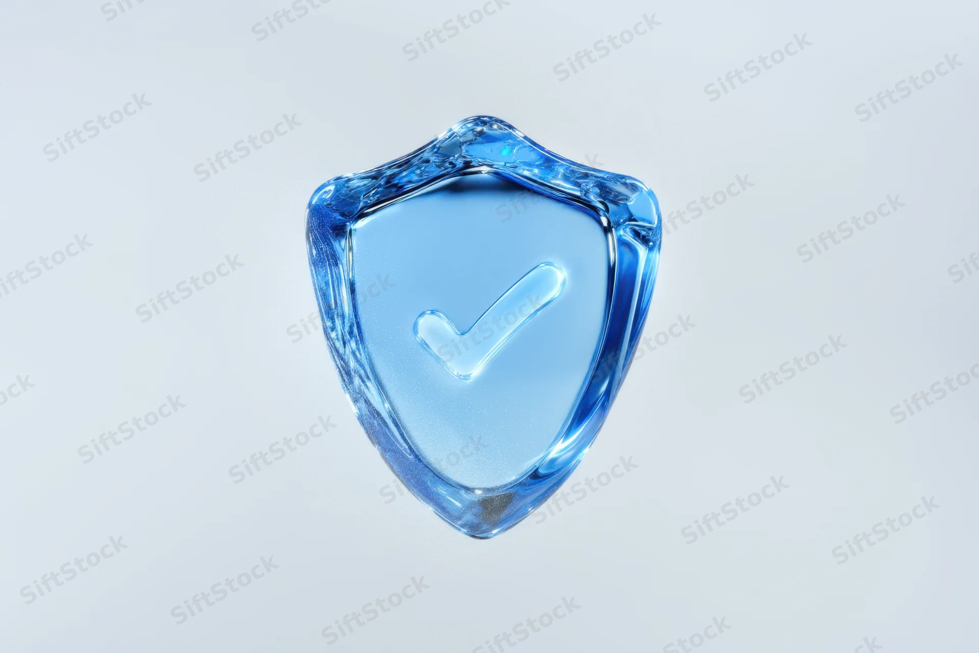 Translucent blue glass shield with glowing checkmark symbol floating against plain background