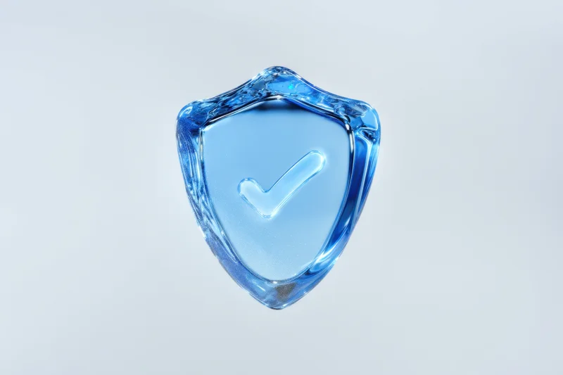 Translucent blue glass shield with glowing checkmark symbol floating against plain background