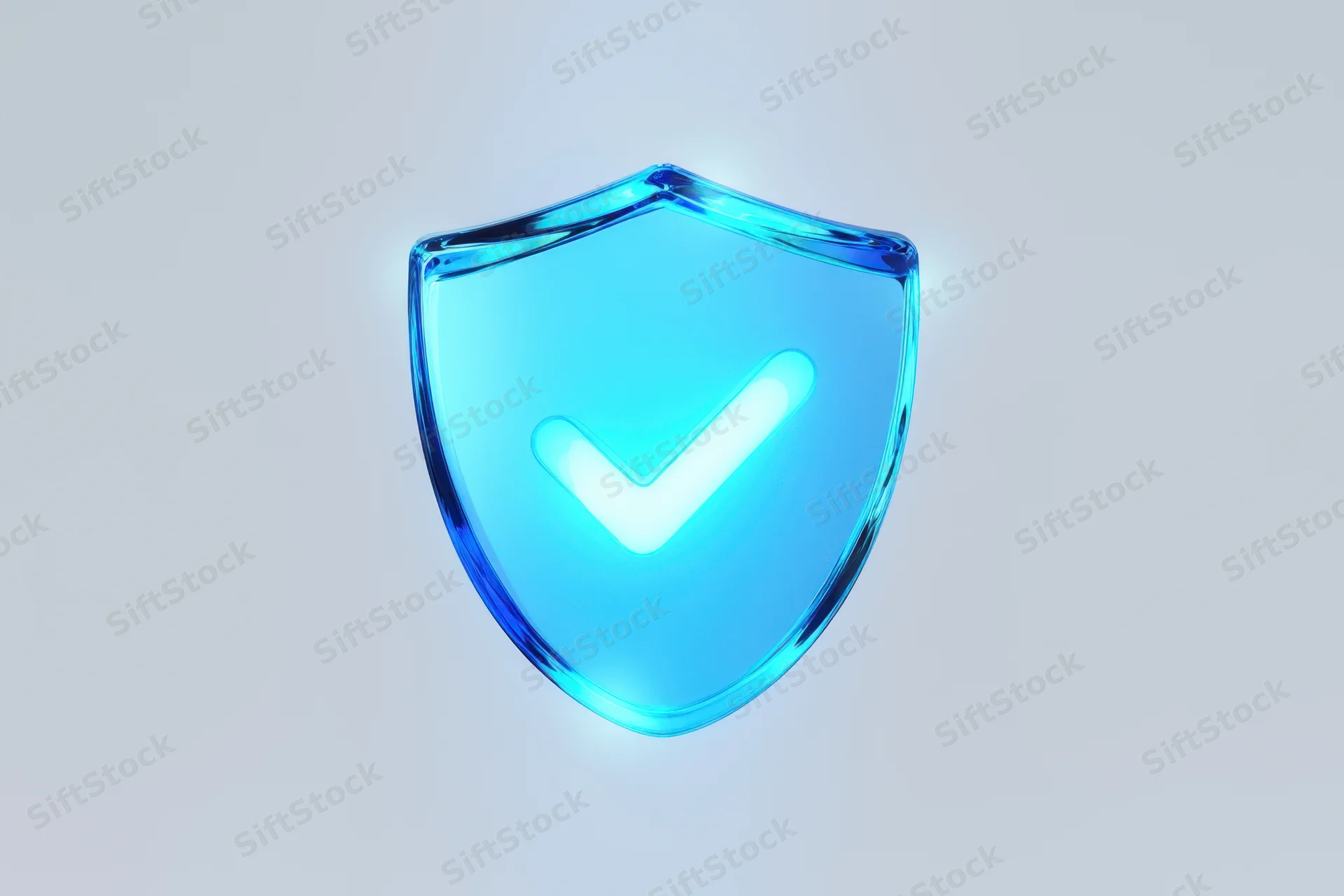 Translucent blue glass shield with glowing checkmark symbol centered on plain background
