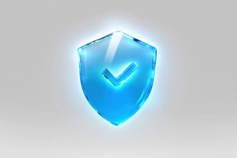 Translucent blue glass shield with glowing checkmark symbol, isolated on light background