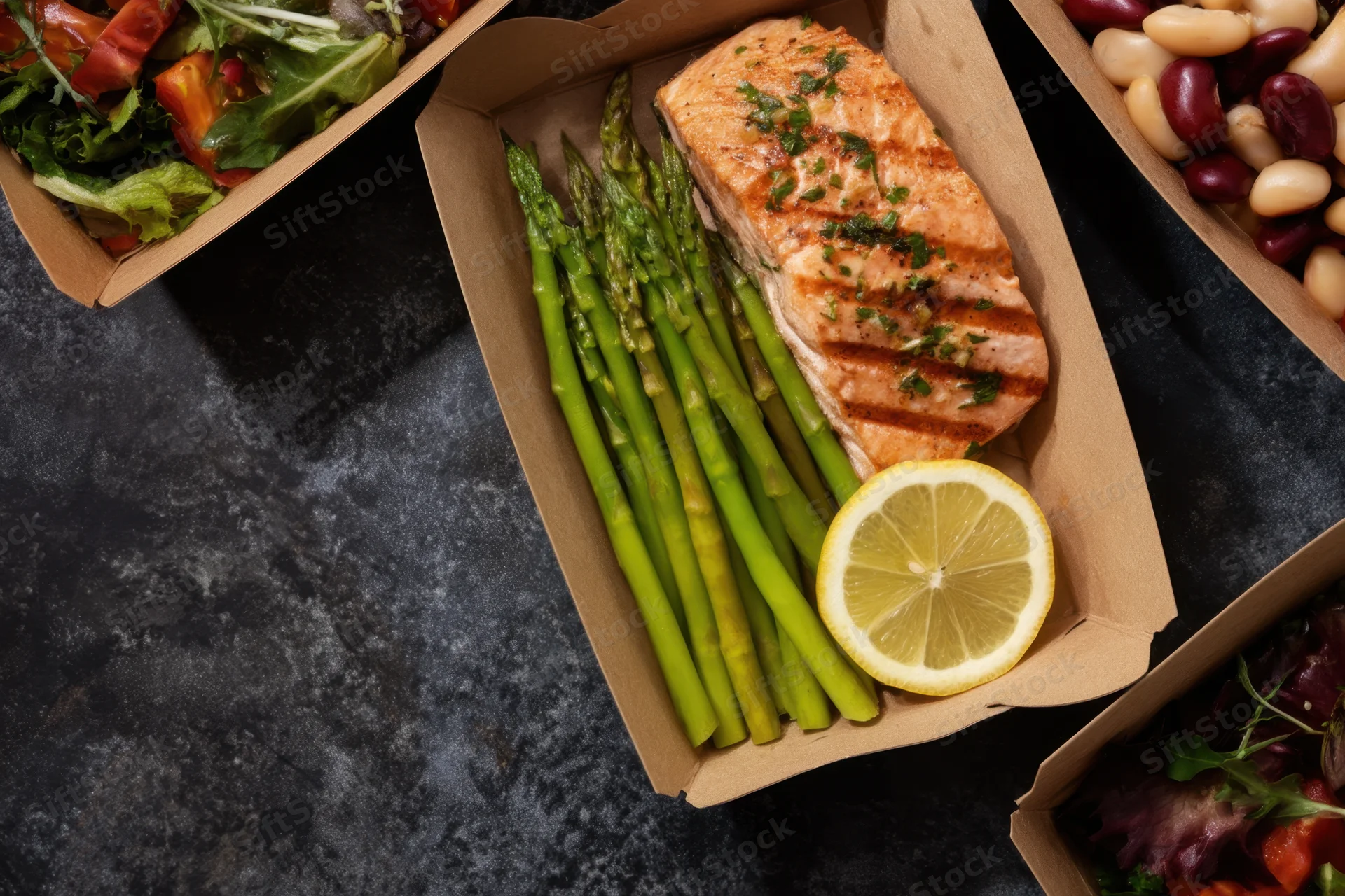 Grilled salmon with asparagus and lemon slice in a meal prep box on a dark surface