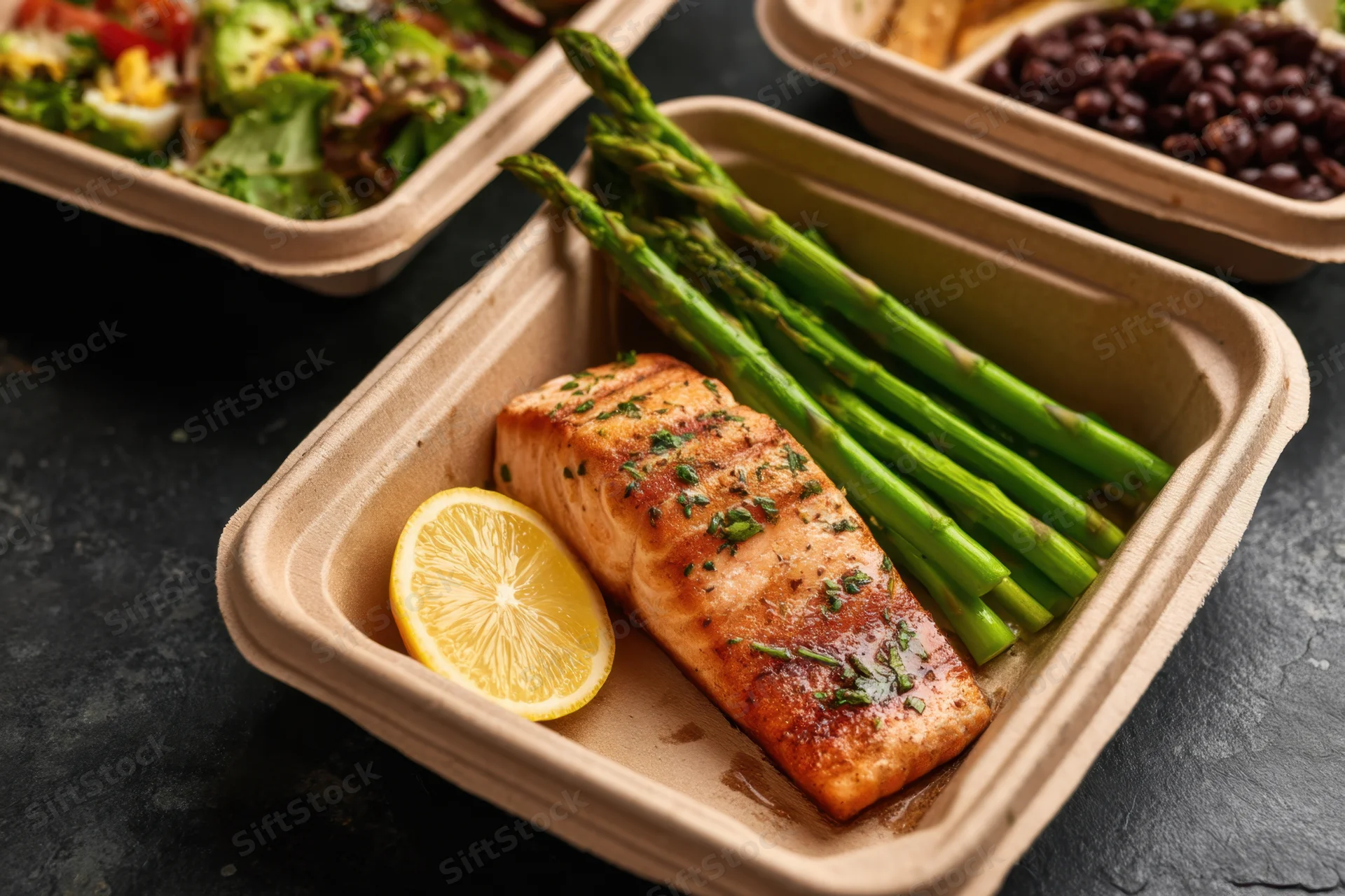Grilled salmon with asparagus and lemon slice in a compostable meal prep container on dark surface