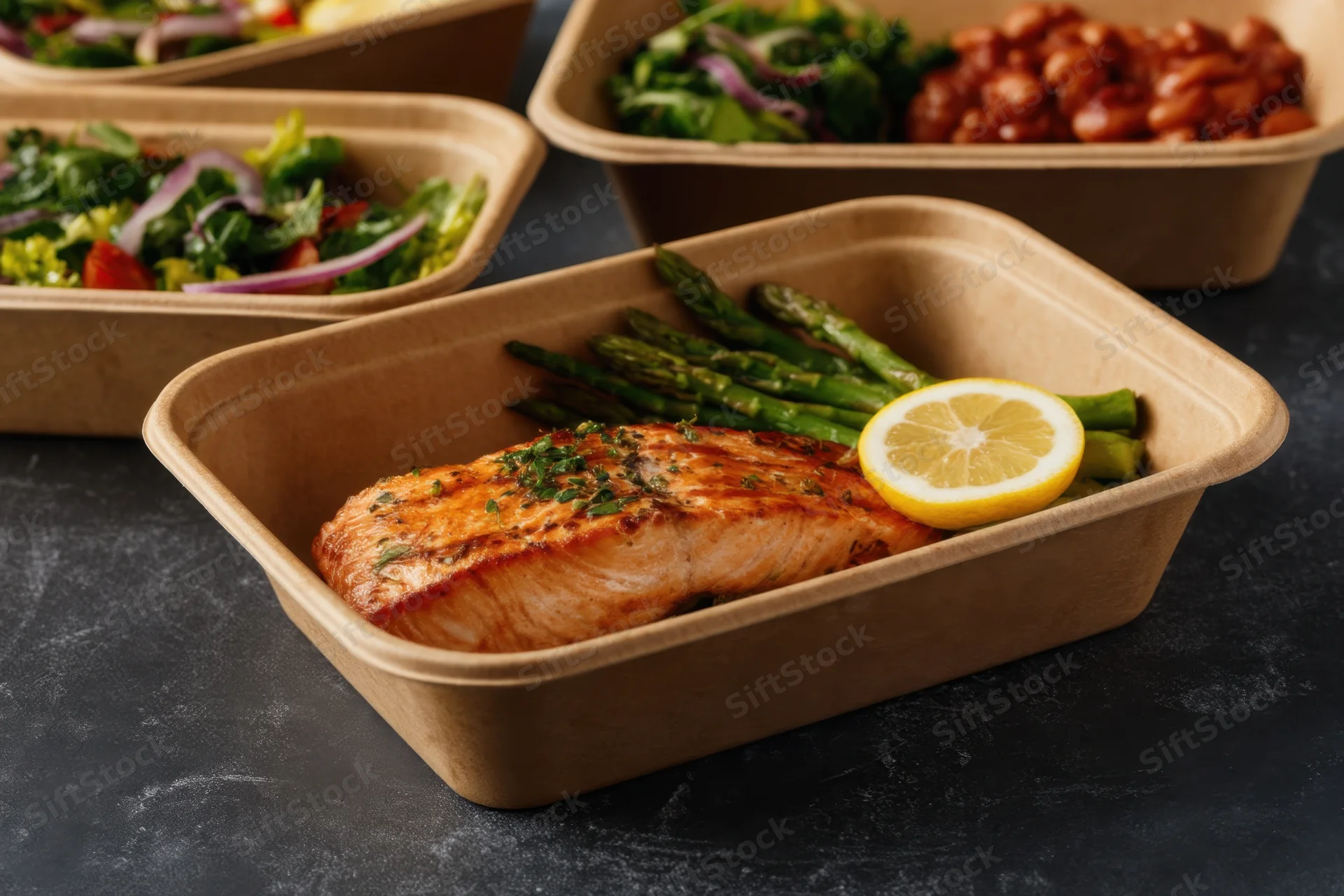 Grilled salmon with asparagus and lemon in a compostable meal prep container on dark surface