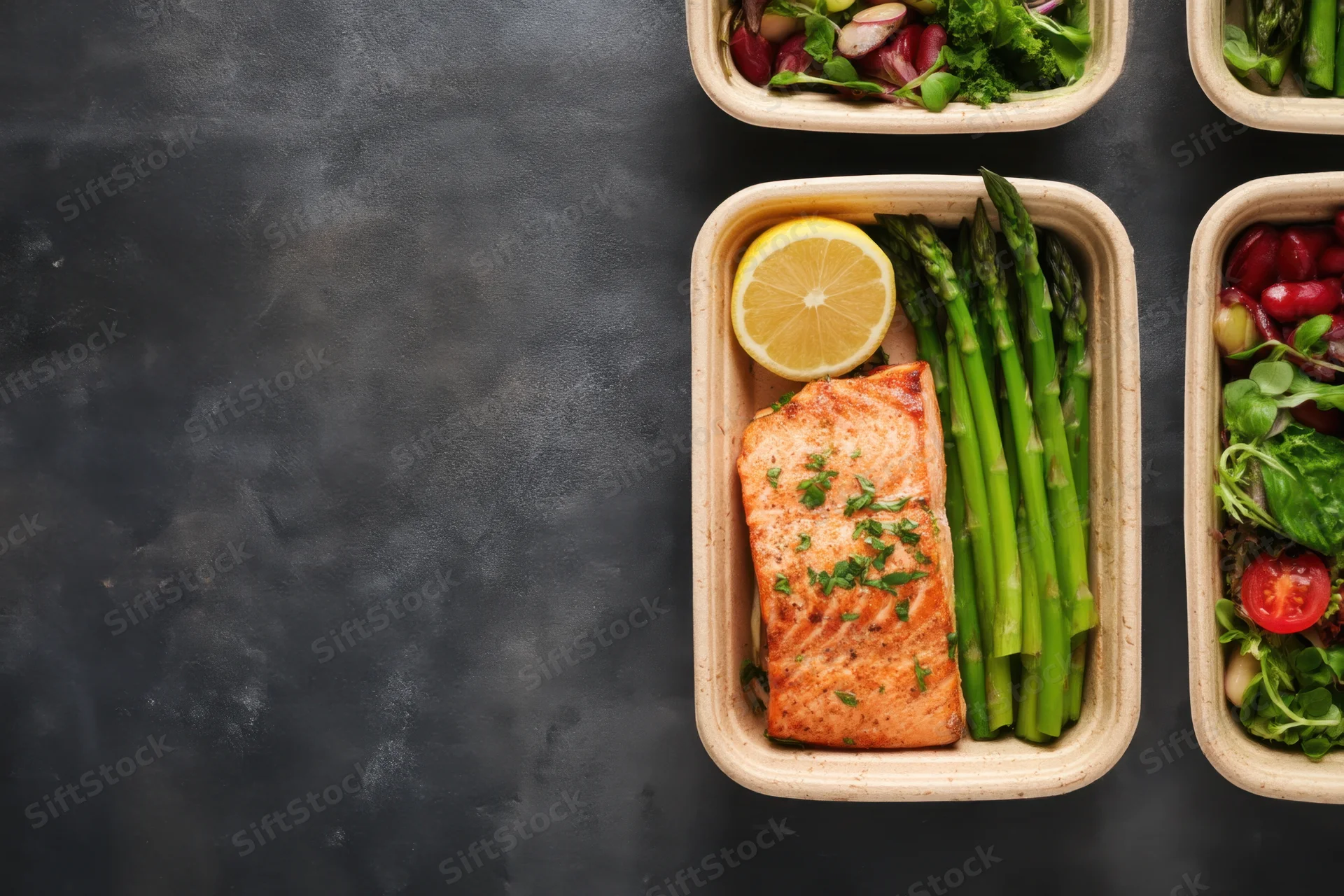 Grilled salmon with asparagus and lemon in a meal prep container on dark surface