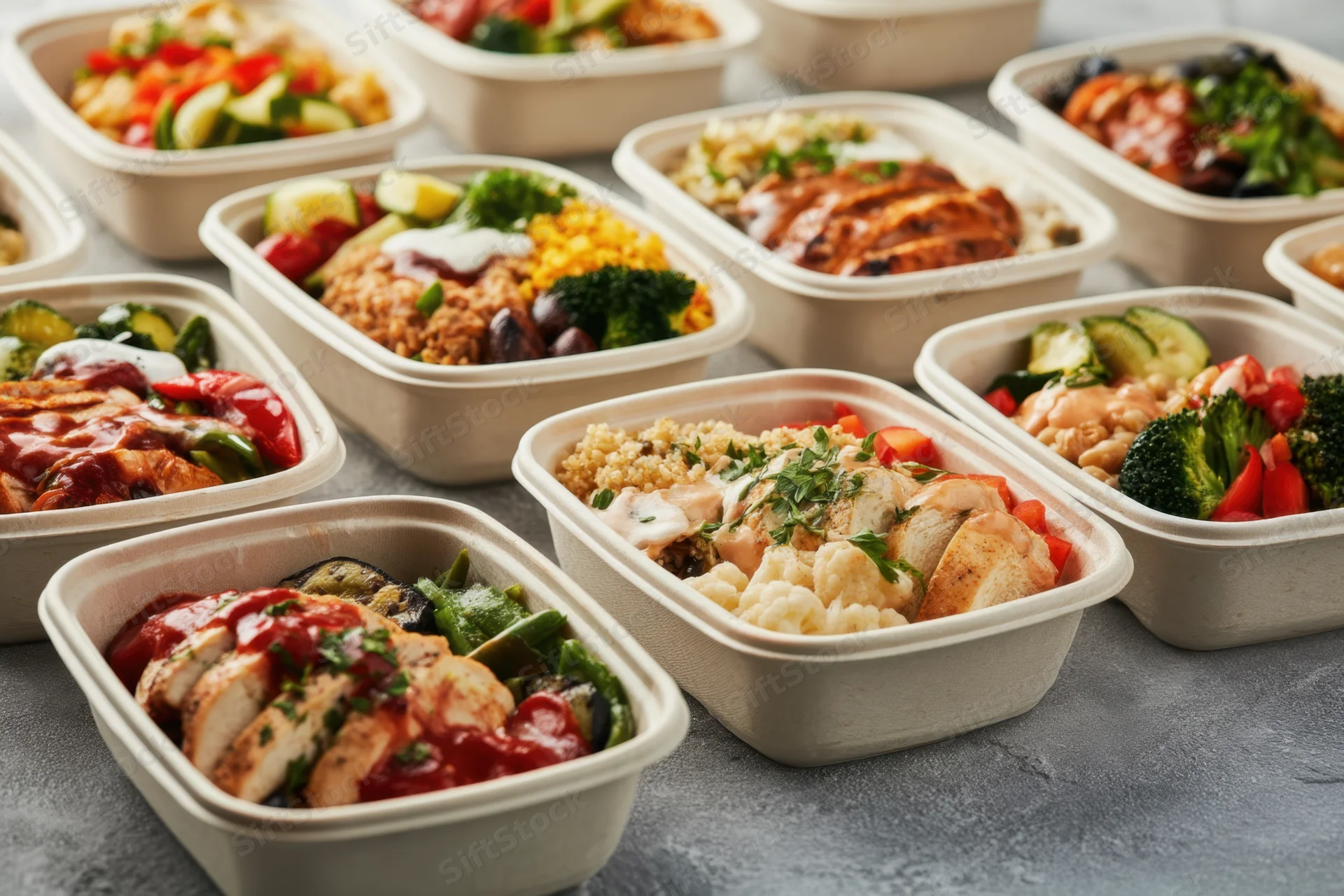 Variety of prepared meals in eco-friendly containers arranged on a gray surface