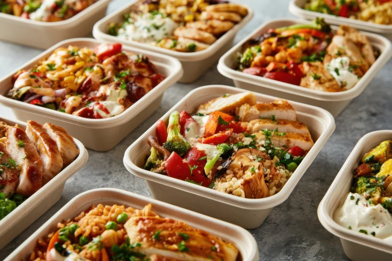 Variety of prepared meals with chicken, rice, and vegetables in eco-friendly containers arranged on a gray surface