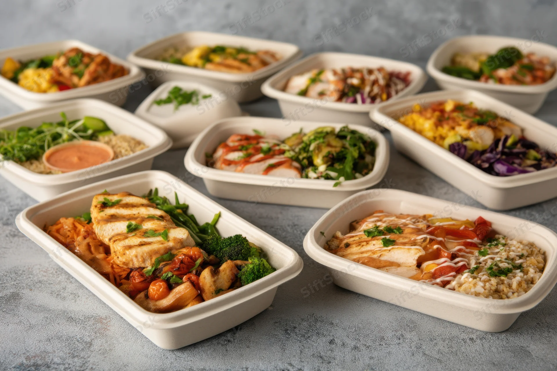 Variety of prepared meals in eco-friendly containers arranged on a gray surface