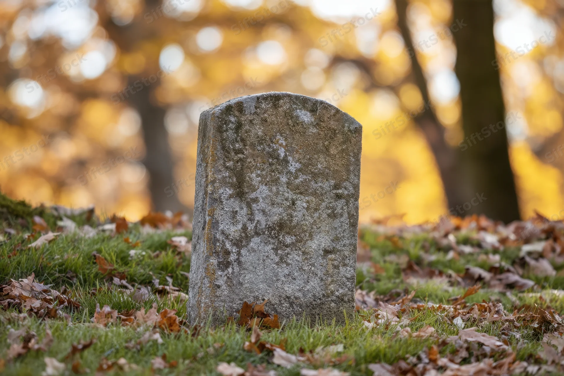 Weathered gravestone standing in grassy cemetery with fallen autumn leaves and blurred golden trees in background