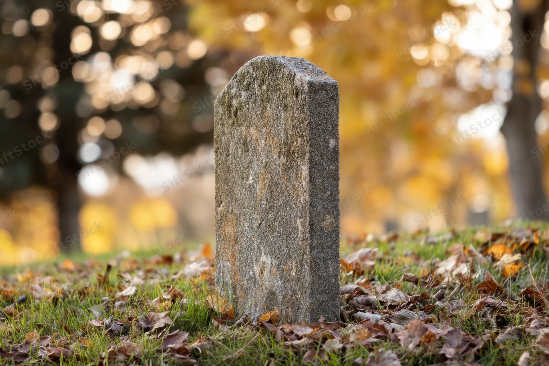 Weathered gravestone standing in grass covered with fallen autumn leaves in a cemetery