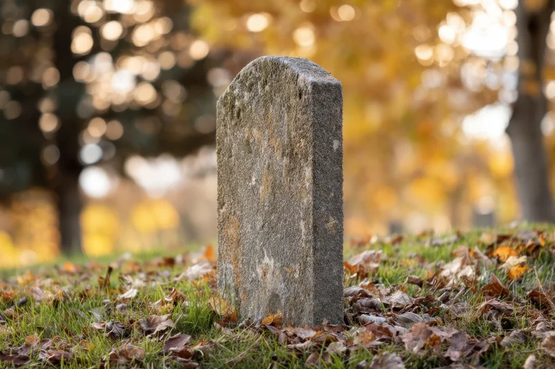 Weathered gravestone standing in grass covered with fallen autumn leaves in a cemetery