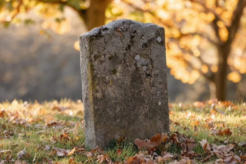 Weathered gravestone standing in grass covered with fallen autumn leaves in a cemetery