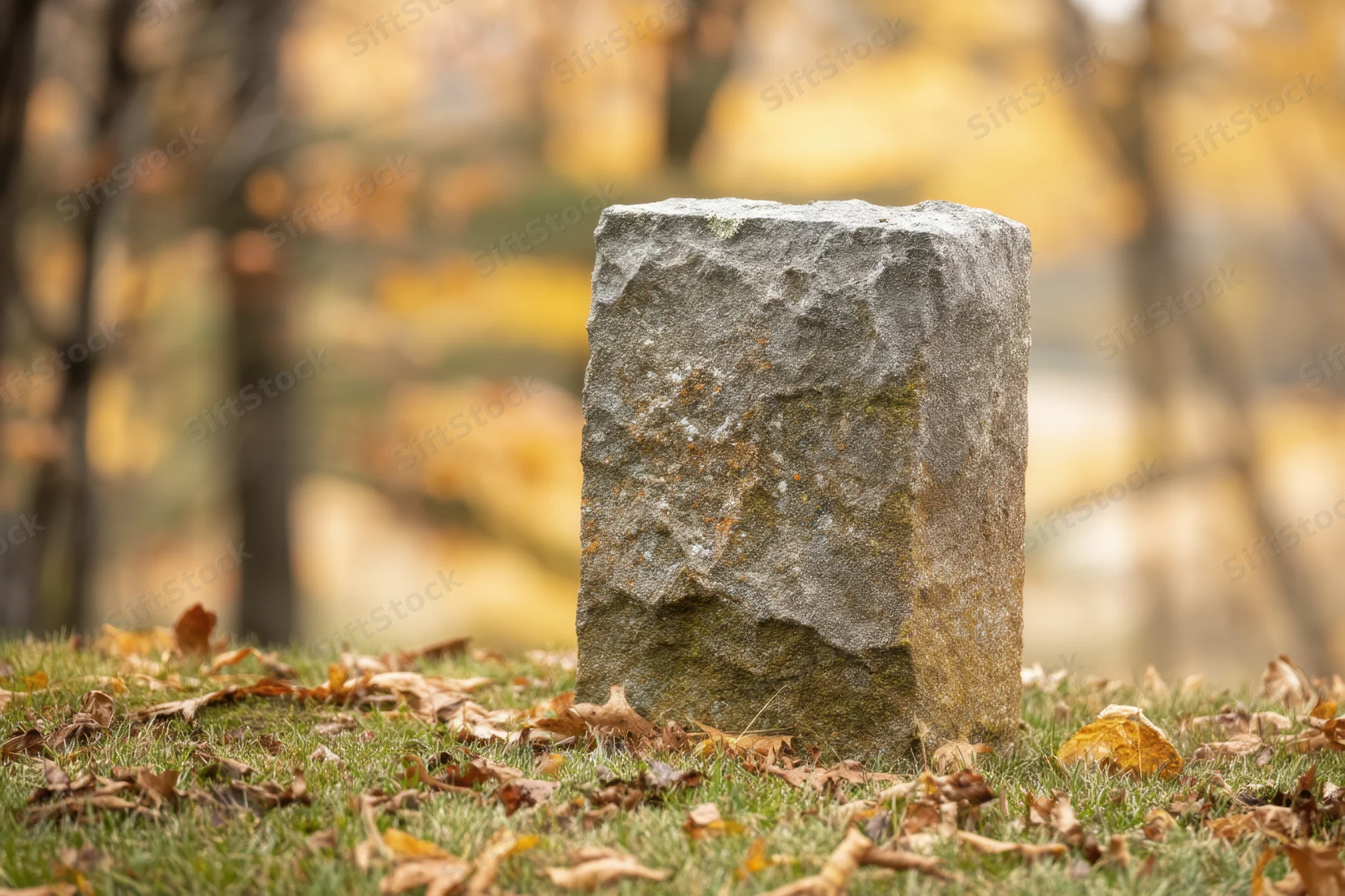Weathered gravestone standing in grass covered with fallen autumn leaves in a cemetery