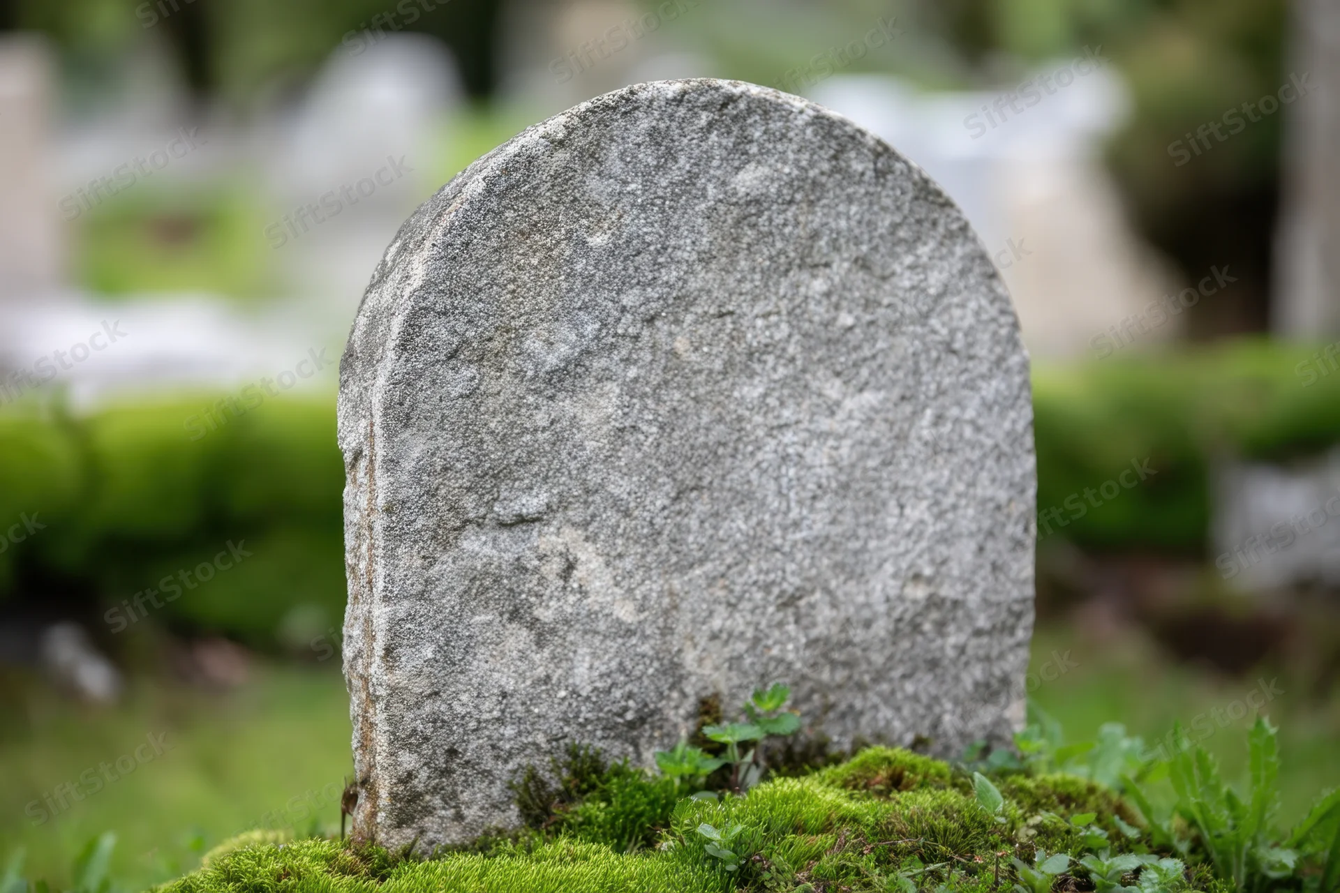 Weathered gray tombstone standing upright in a moss-covered cemetery