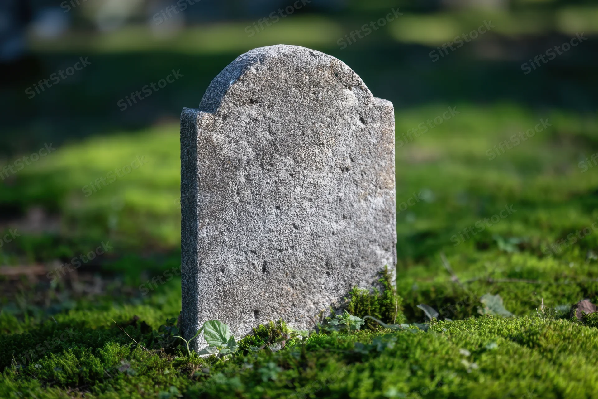 Weathered gray tombstone standing upright in a mossy cemetery grass field