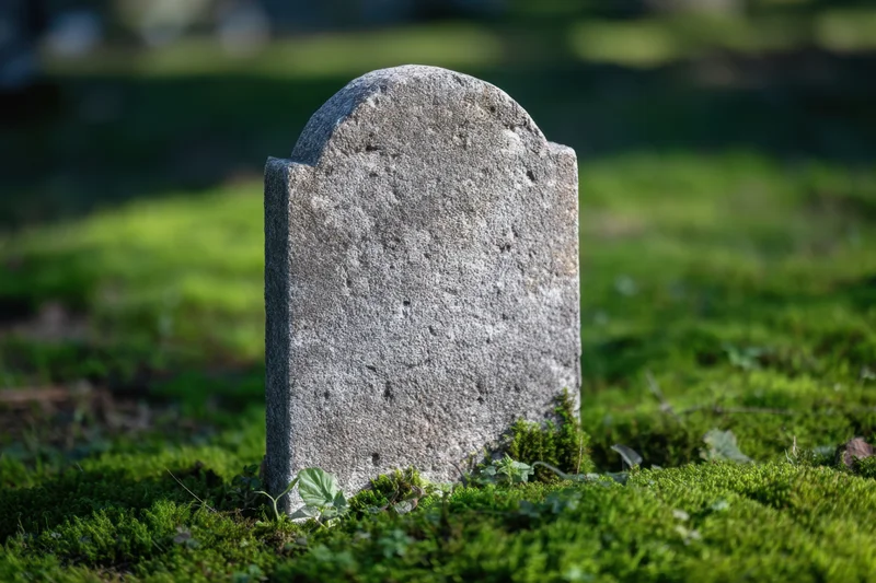 Weathered gray tombstone standing upright in a mossy cemetery grass field