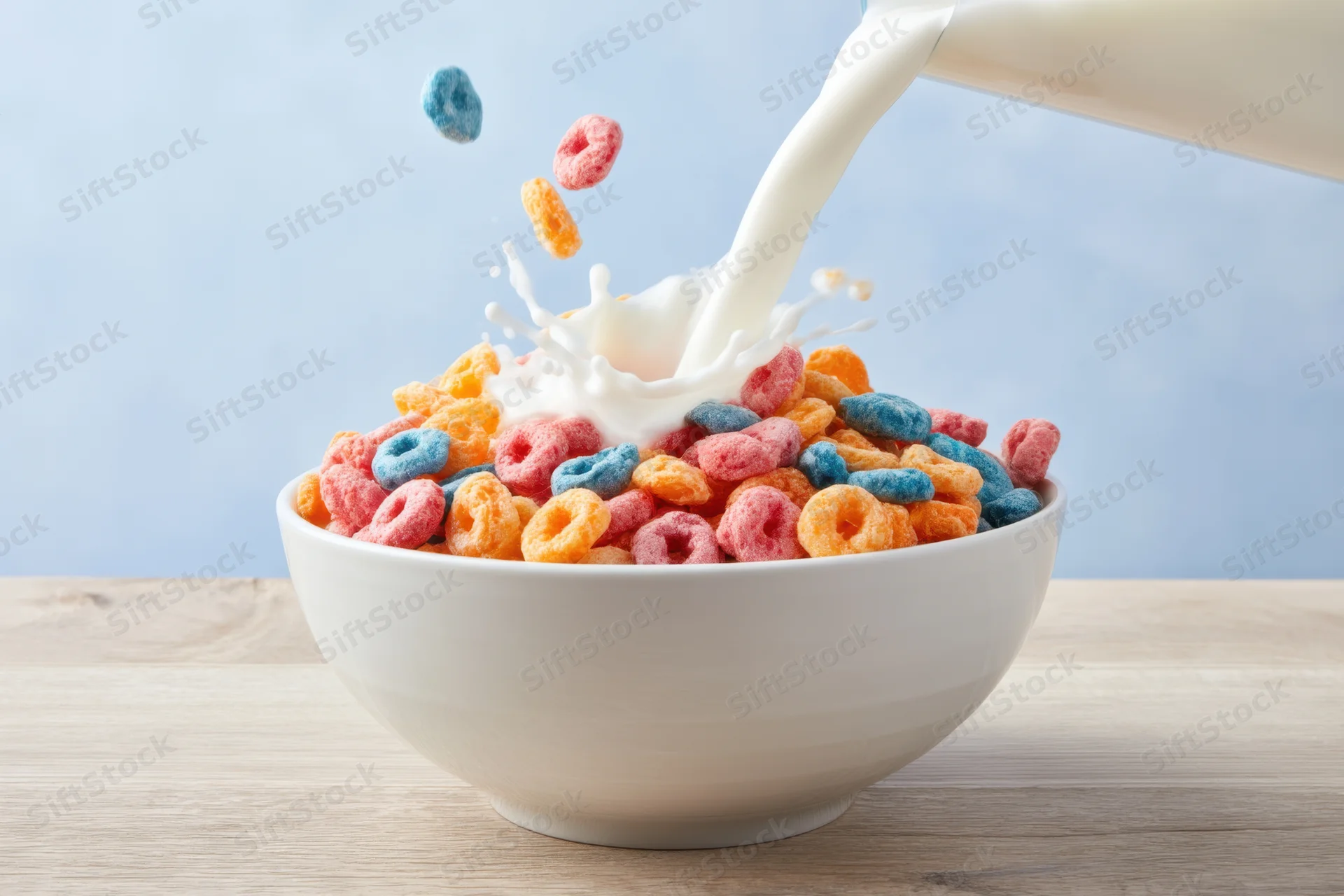 Milk being poured into a white ceramic bowl filled with colorful ring-shaped cereal on a wooden table