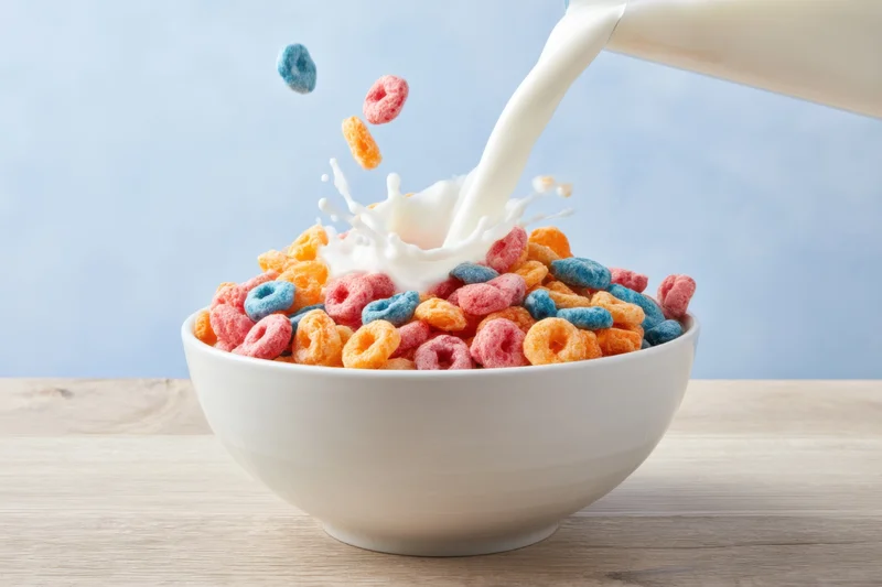 Milk being poured into a white ceramic bowl filled with colorful ring-shaped cereal on a wooden table