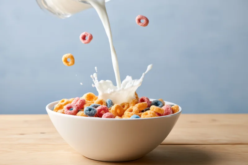 Milk being poured into a white ceramic bowl of colorful ring cereal on a wooden table