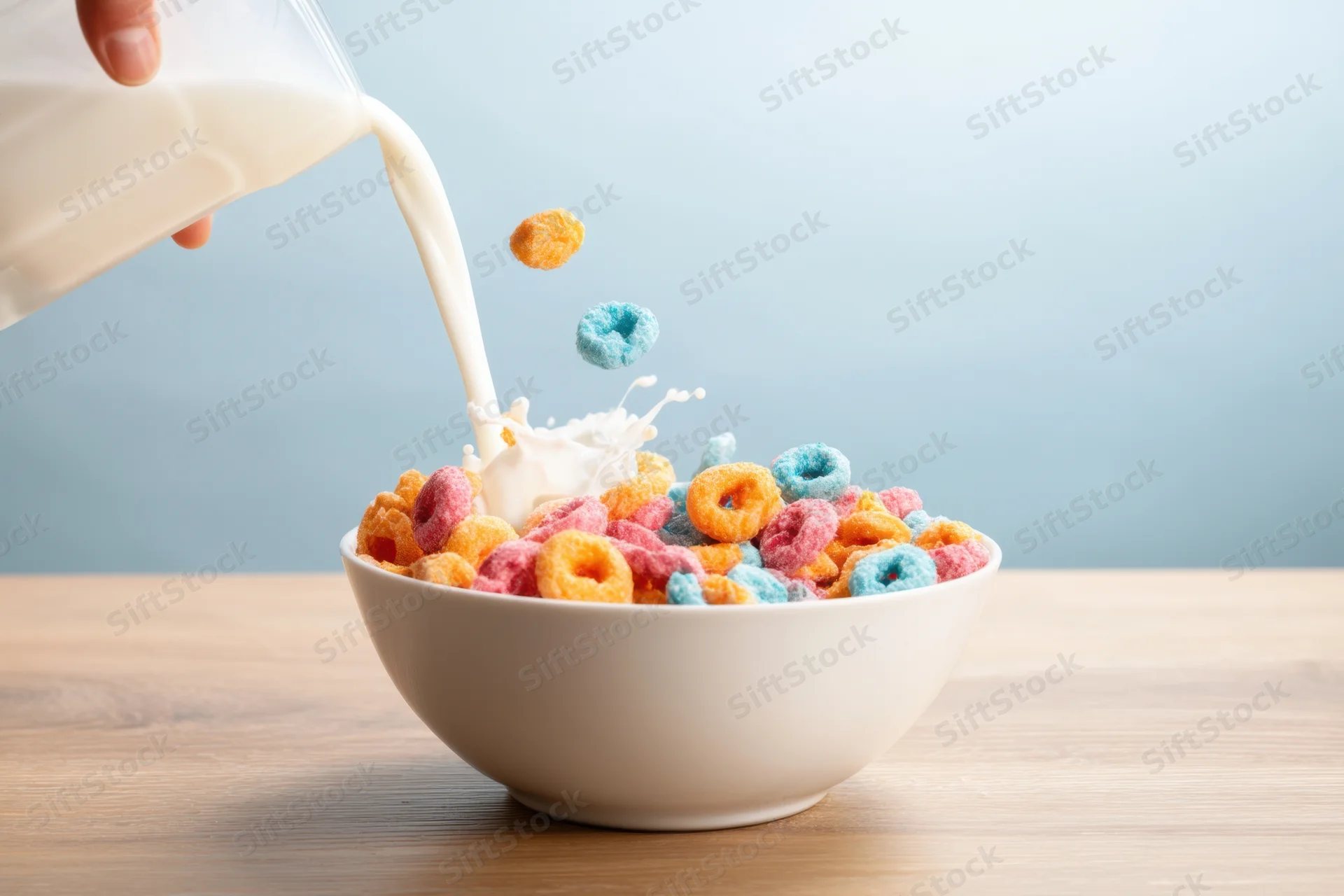 Milk being poured into a white ceramic bowl of colorful ring cereal on a wooden table