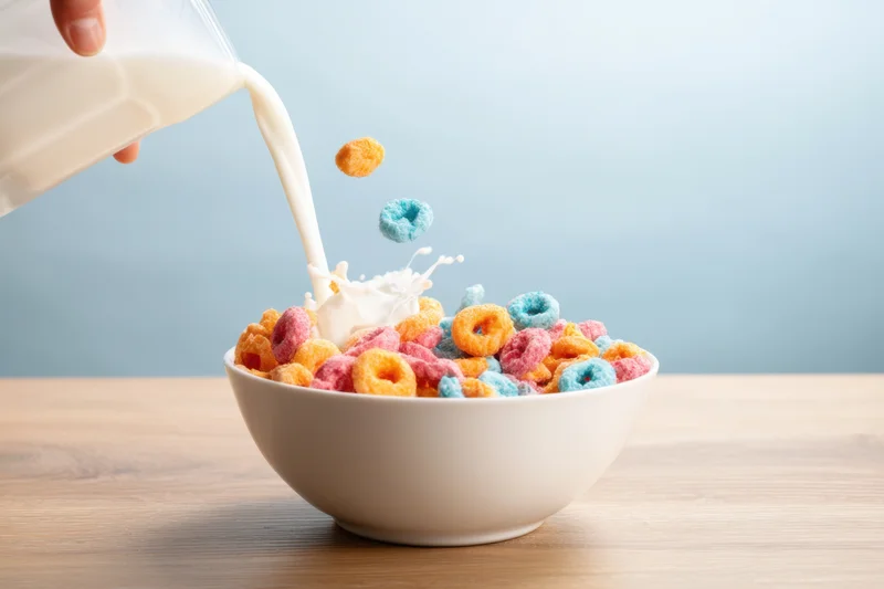 Of a white ceramic bowl filled with cereal featuring milk