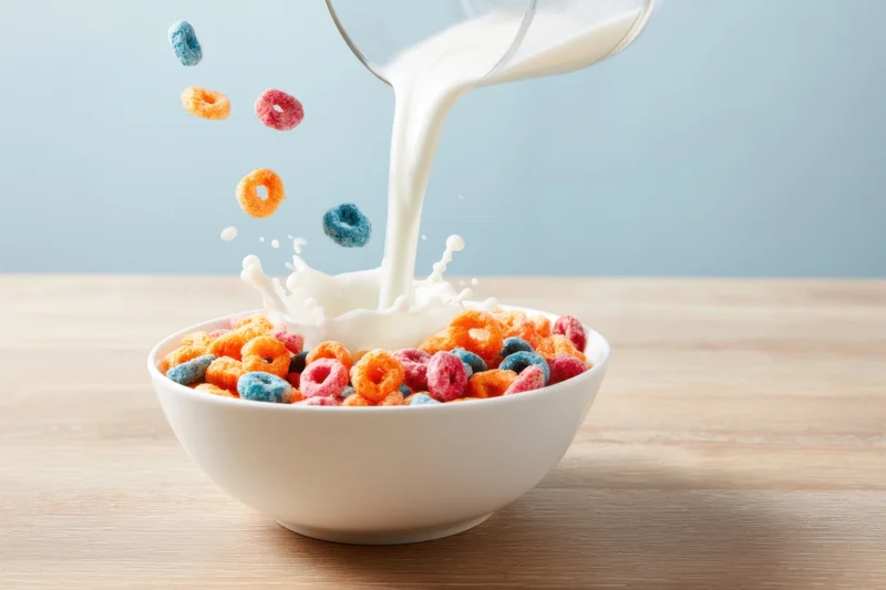Milk being poured into a white ceramic bowl of colorful ring cereal on a wooden table