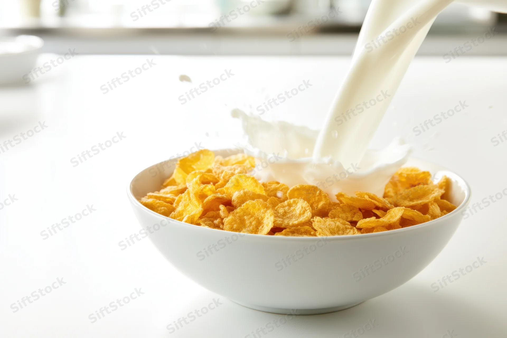 Milk being poured into a white ceramic bowl filled with golden cornflakes on a kitchen table