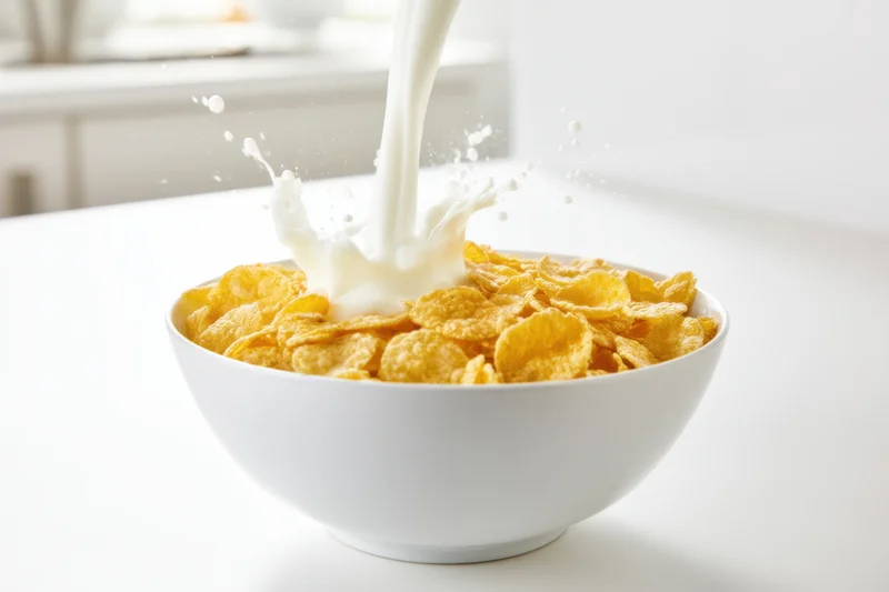 Milk being poured into a white ceramic bowl filled with golden cornflakes on a kitchen table
