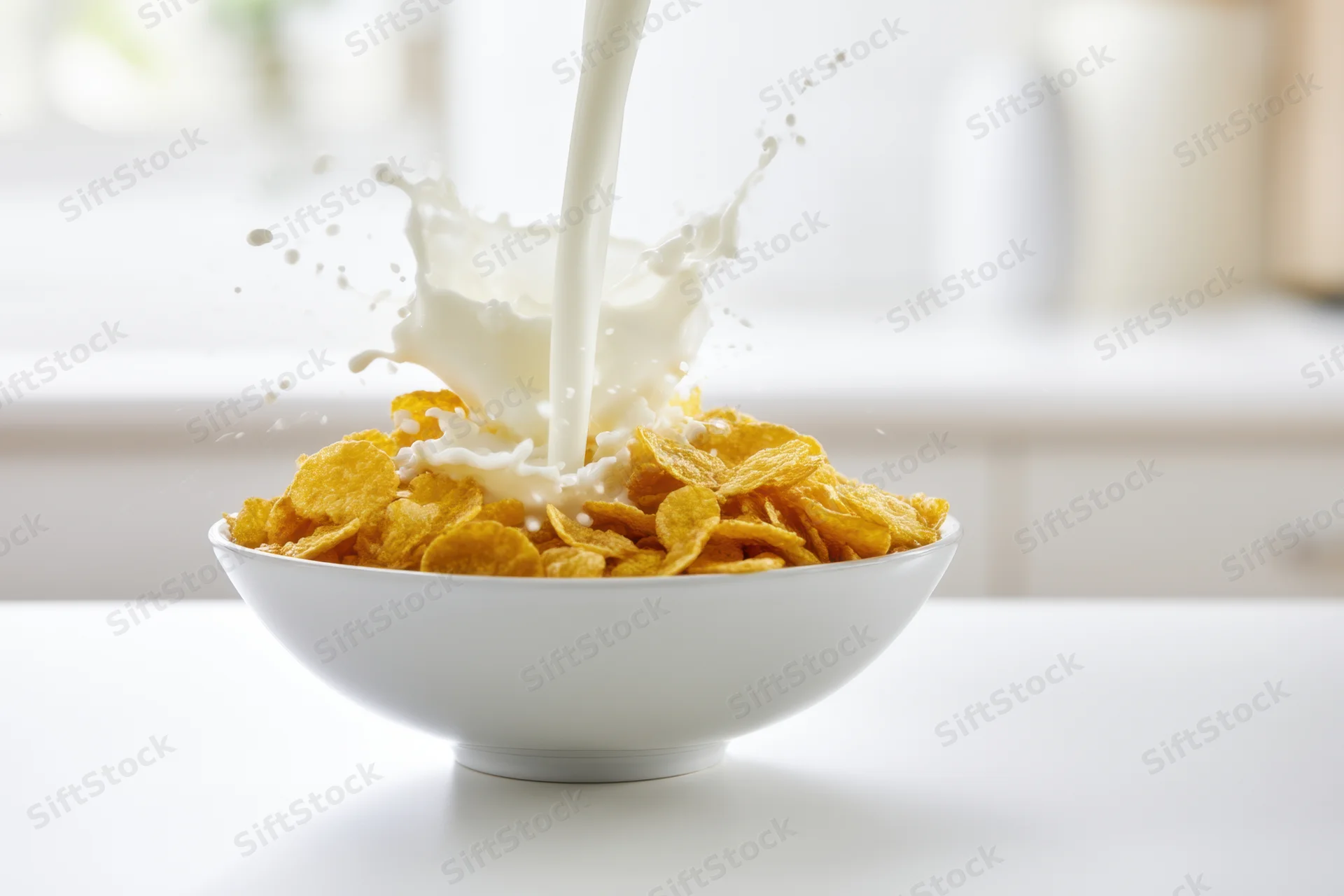 Milk being poured into a white ceramic bowl filled with golden cornflakes on a kitchen table