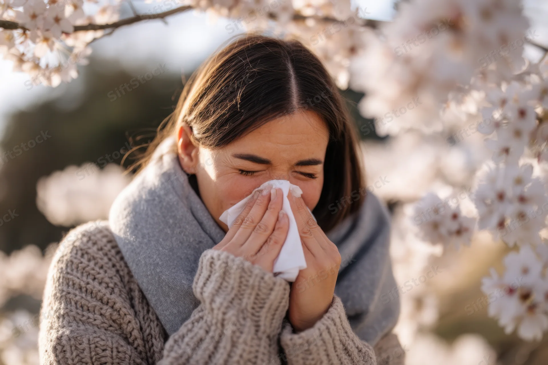 Woman sneezing into tissue among cherry blossoms in spring outdoor setting