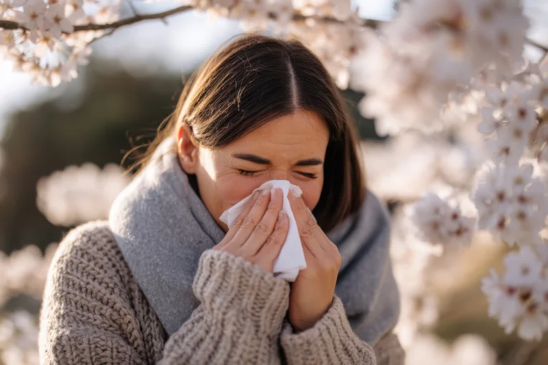 Woman sneezing into tissue among cherry blossoms in spring outdoor setting