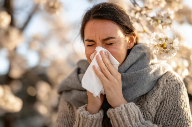 Woman sneezing into tissue outdoors near flowering tree in spring
