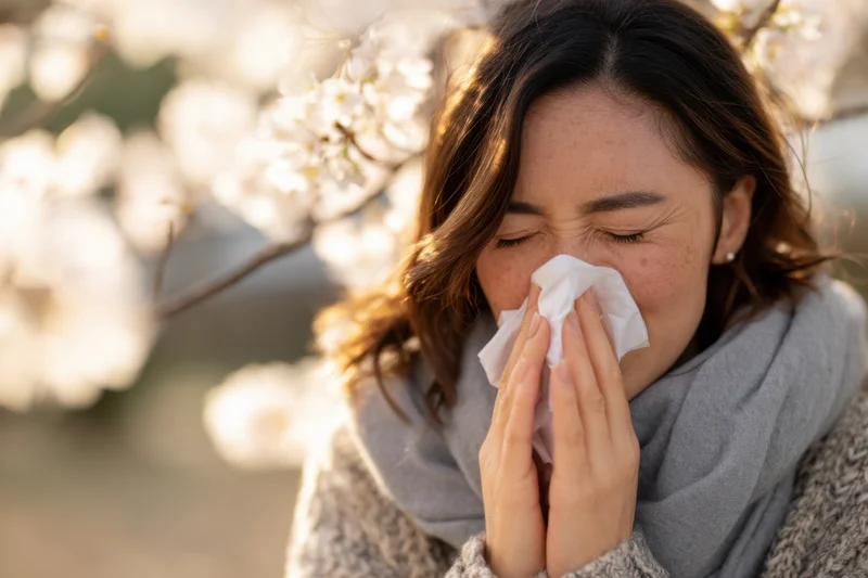 Woman sneezing into tissue outdoors near blooming cherry tree in spring