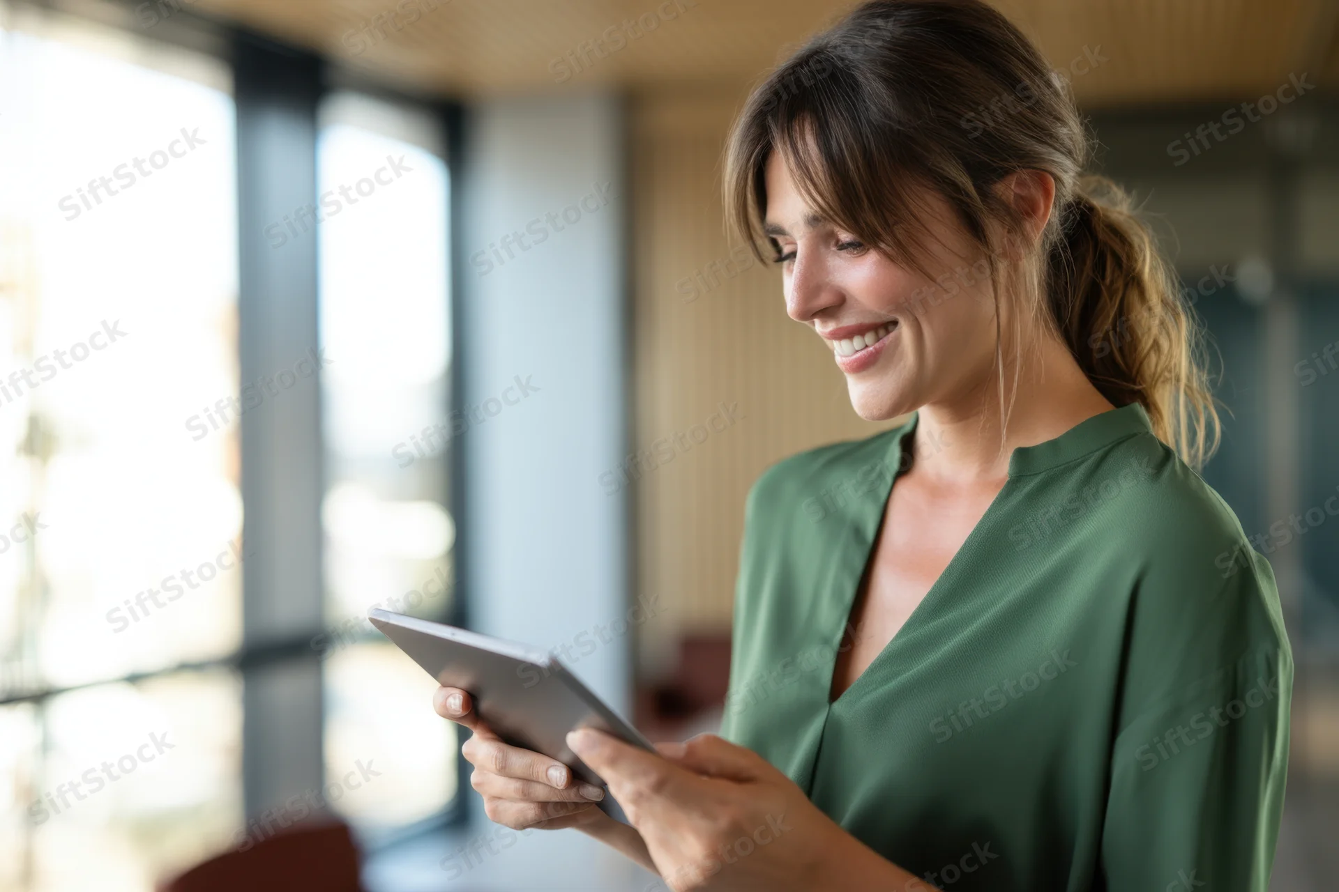 Woman smiling while holding a tablet in an office interior near a window