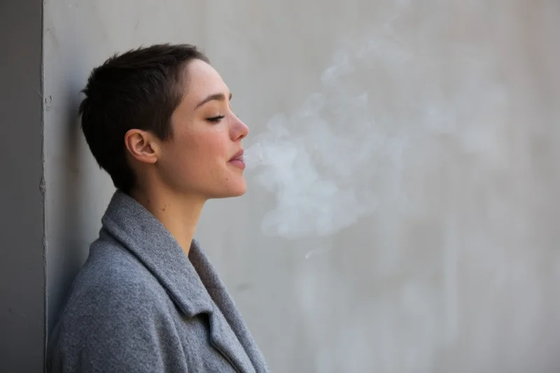 Woman with short dark hair leaning against gray wall exhaling vapor from e-cigarette
