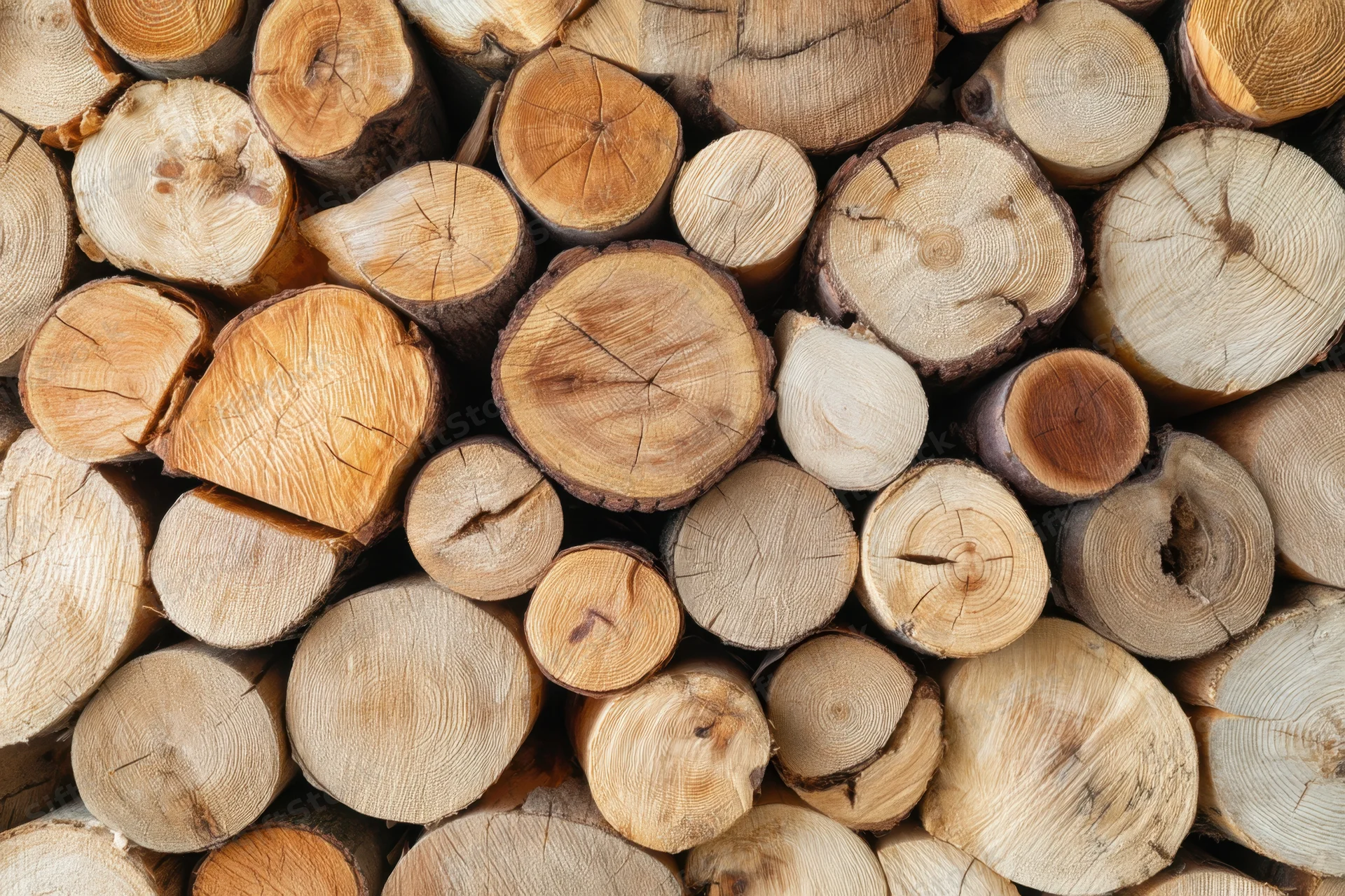 Stacked wooden logs arranged in a dense pile showing cut ends and natural wood grain