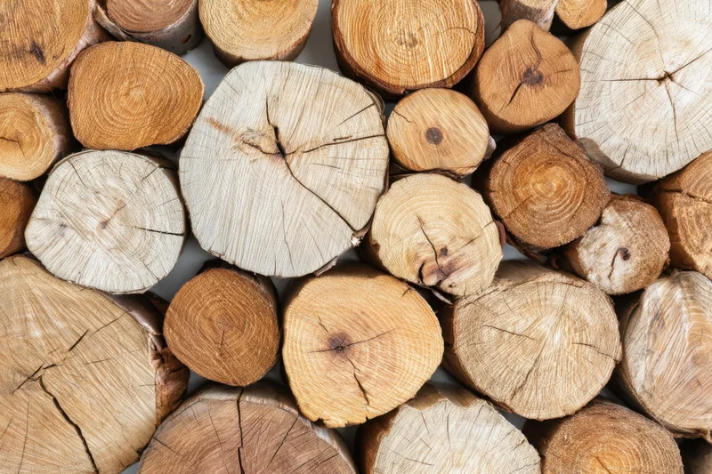 Circular cross sections of cut logs arranged in a dense pattern on a flat surface