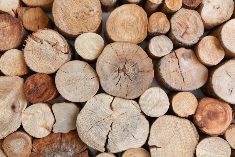 Close-up of stacked wooden logs arranged in a wall pattern showing natural grain and growth rings