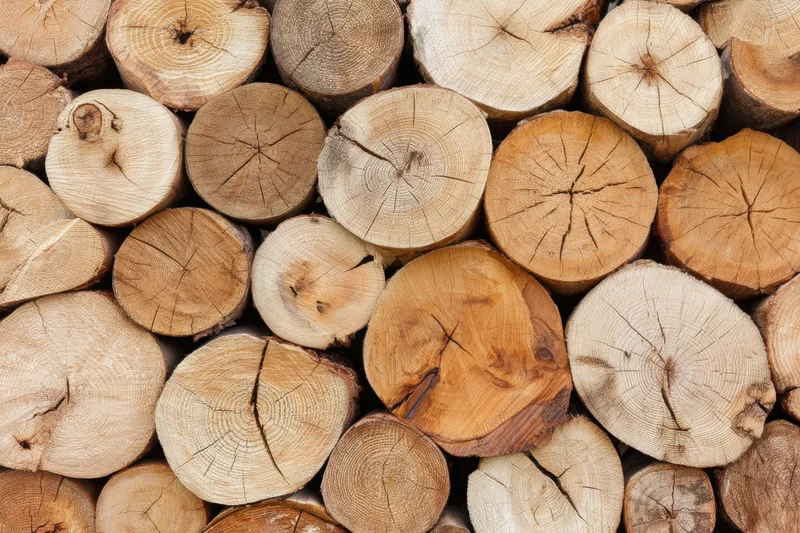 Stacked wooden logs arranged in a dense pattern showing cut ends and natural grain