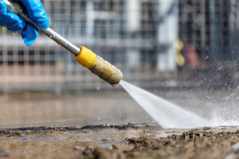 Worker using high-pressure water hose to clean concrete surface outdoors