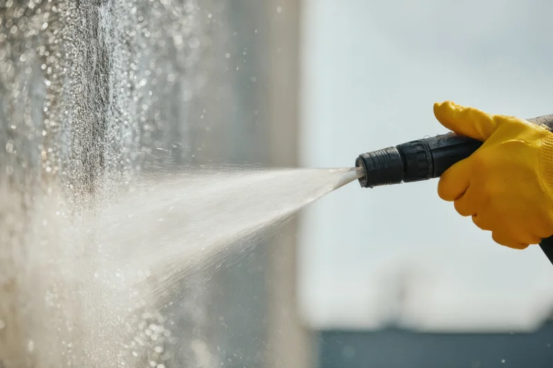 Worker using pressure washer to clean exterior wall with water spray