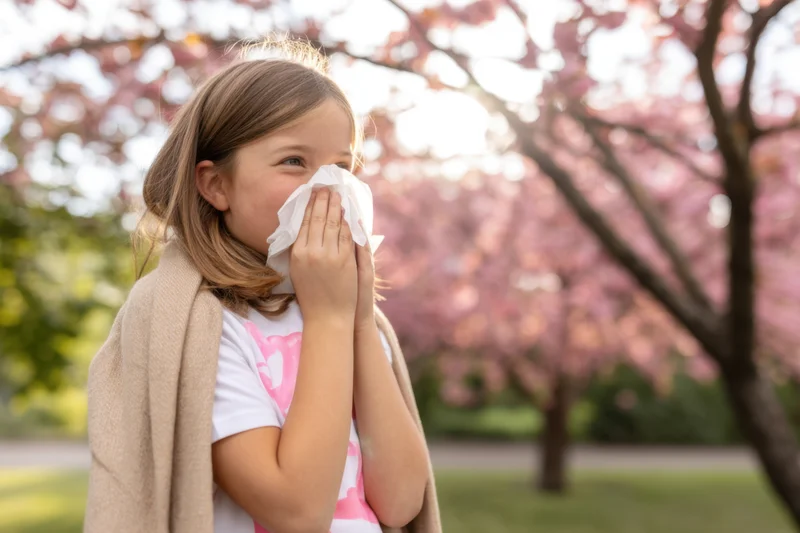 Young girl holding tissue to her nose in a cherry blossom park during spring